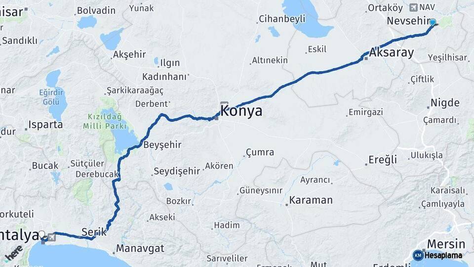 Nevşehir Muratpaşa Antalya Arası Kaç Km - Yol Haritası