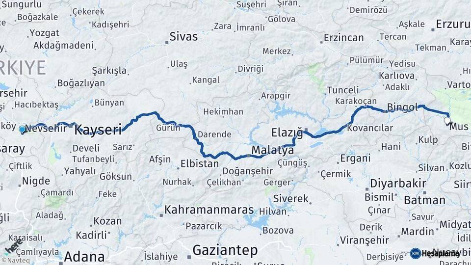Nevşehir Muş Arası Kaç Km - Yol Haritası