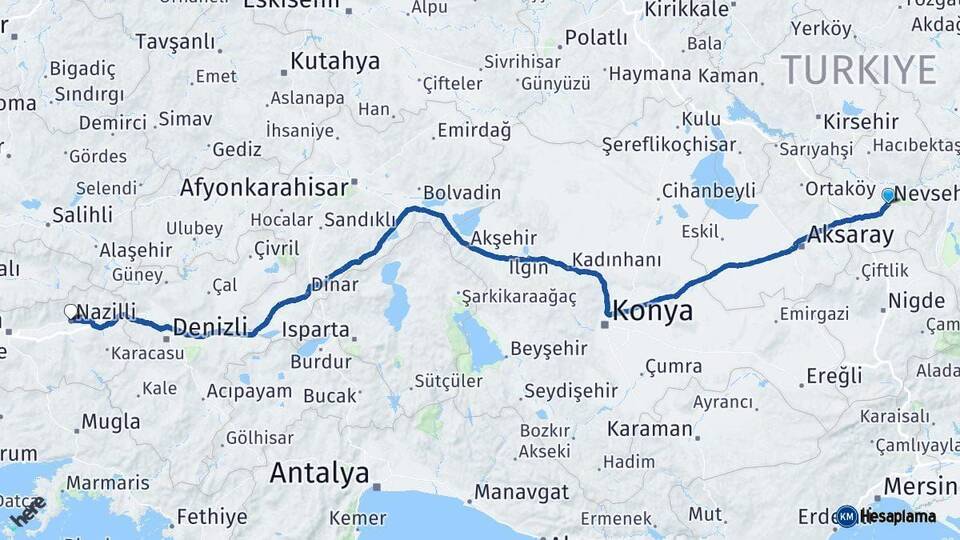 Nevşehir Nazilli Aydın Arası Kaç Km - Yol Haritası