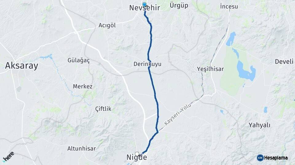 Nevşehir Niğde Arası Kaç Km - Yol Haritası