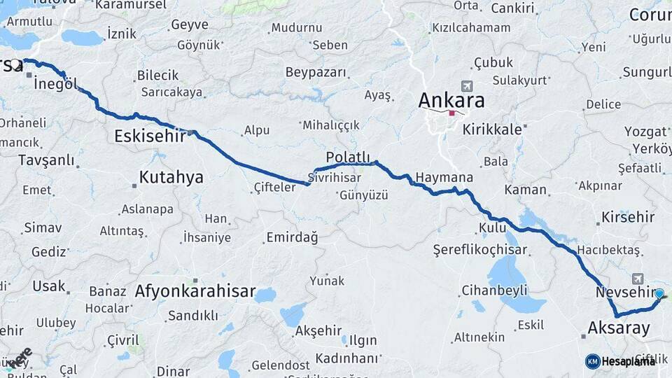 Nevşehir Nilüfer Bursa Arası Kaç Km - Yol Haritası