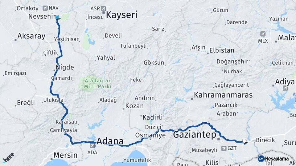 Nevşehir Nizip Gaziantep Arası Kaç Km - Yol Haritası