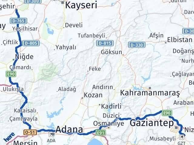 Nevşehir Oğuzeli Gaziantep Arası Kaç Km - Yol Haritası