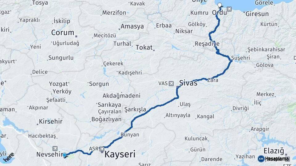 Nevşehir Ordu Arası Kaç Km - Yol Haritası