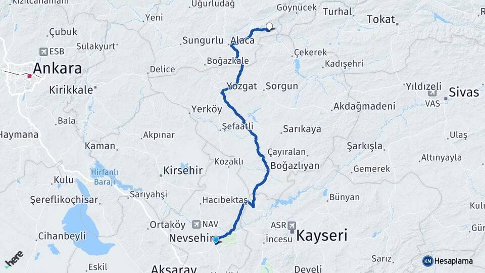 Nevşehir Ortaköy Çorum Arası Kaç Km - Yol Haritası