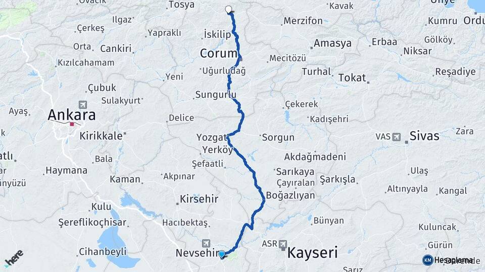 Nevşehir Osmancık Çorum Arası Kaç Km - Yol Haritası
