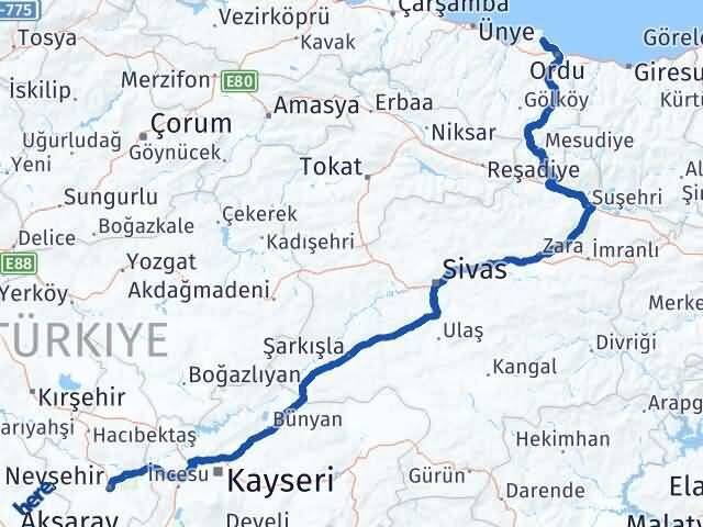 Nevşehir Perşembe Ordu Arası Kaç Km - Yol Haritası
