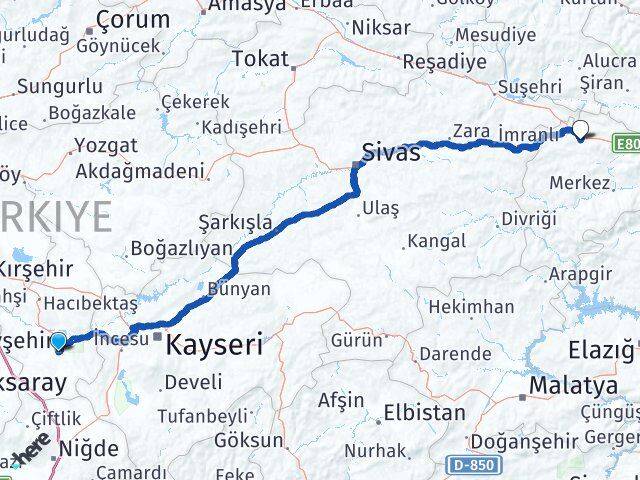 Nevşehir Refahiye Erzincan Arası Kaç Km - Yol Haritası