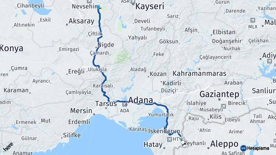 Nevşehir Reyhanlı Hatay Arası Kaç Km - Yol Haritası