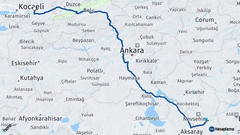 Nevşehir Sakarya Arası Kaç Km - Yol Haritası