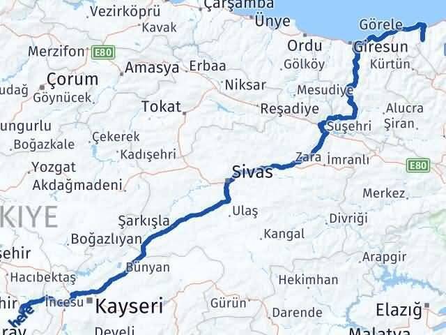Nevşehir Şalpazarı Trabzon Arası Kaç Km - Yol Haritası