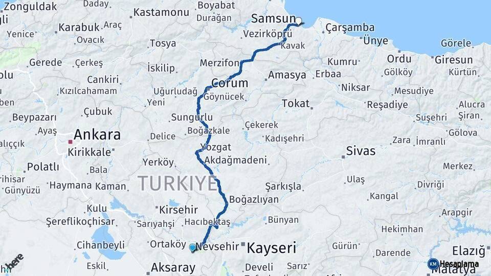 Nevşehir Samsun Arası Kaç Km - Yol Haritası