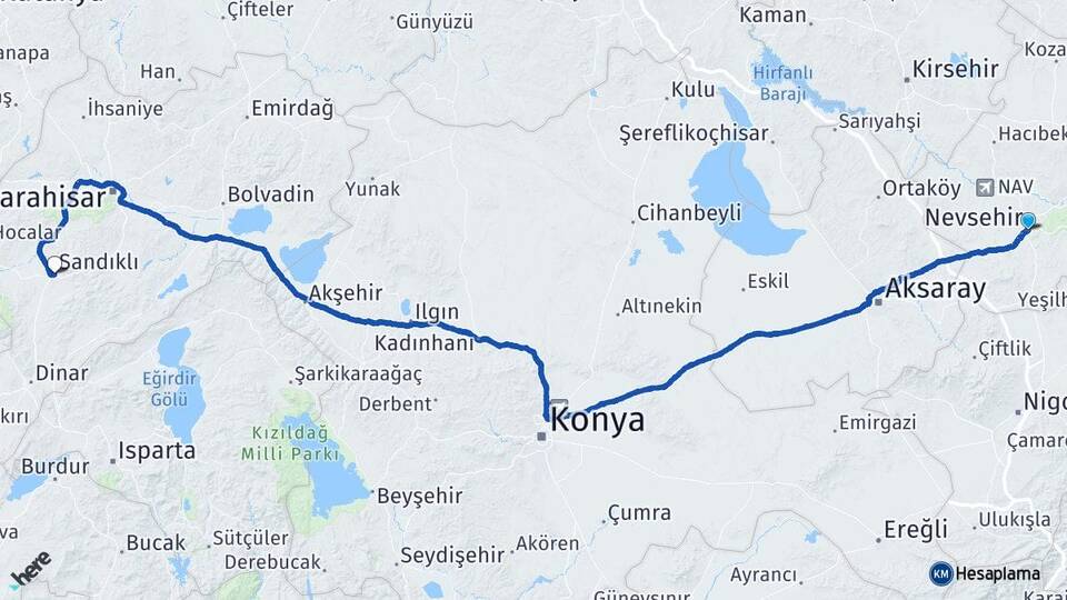 Nevşehir Sandıklı Afyonkarahisar Arası Kaç Km - Yol Haritası