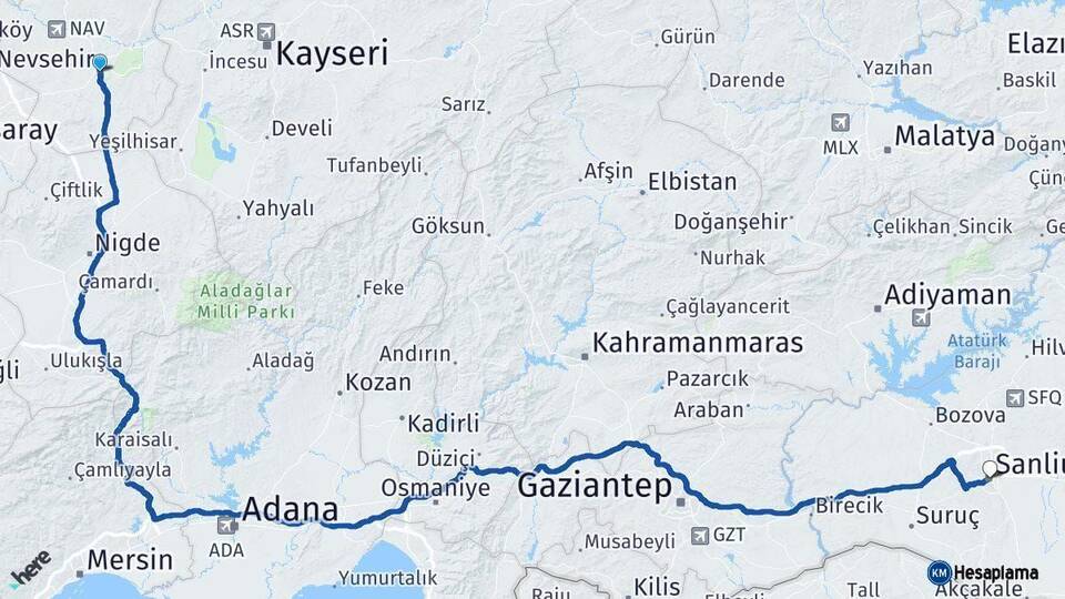 Nevşehir Şanlıurfa Arası Kaç Km - Yol Haritası