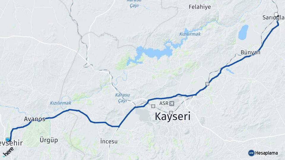 Nevşehir Sarıoğlan Kayseri Arası Kaç Km - Yol Haritası