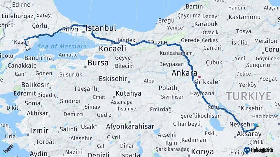 Nevşehir Şarköy Tekirdağ Arası Kaç Km - Yol Haritası
