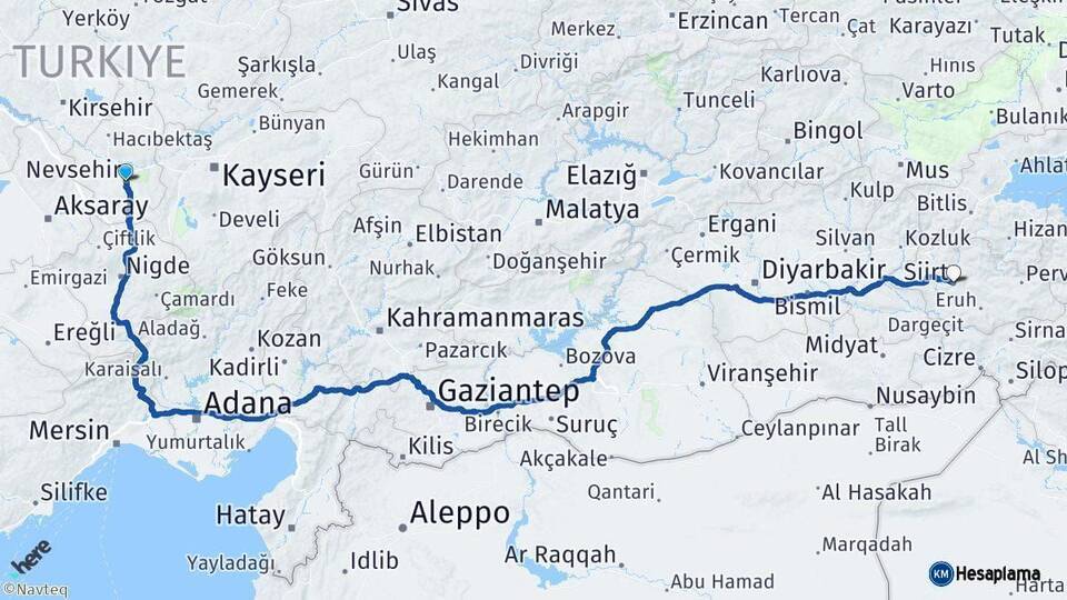 Nevşehir Siirt Arası Kaç Km - Yol Haritası