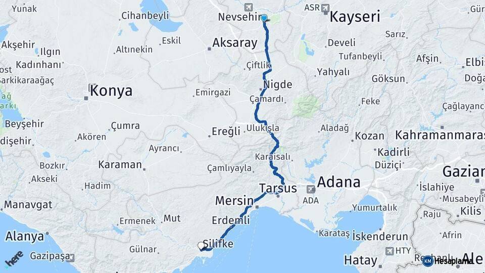 Nevşehir Silifke Mersin Arası Kaç Km - Yol Haritası