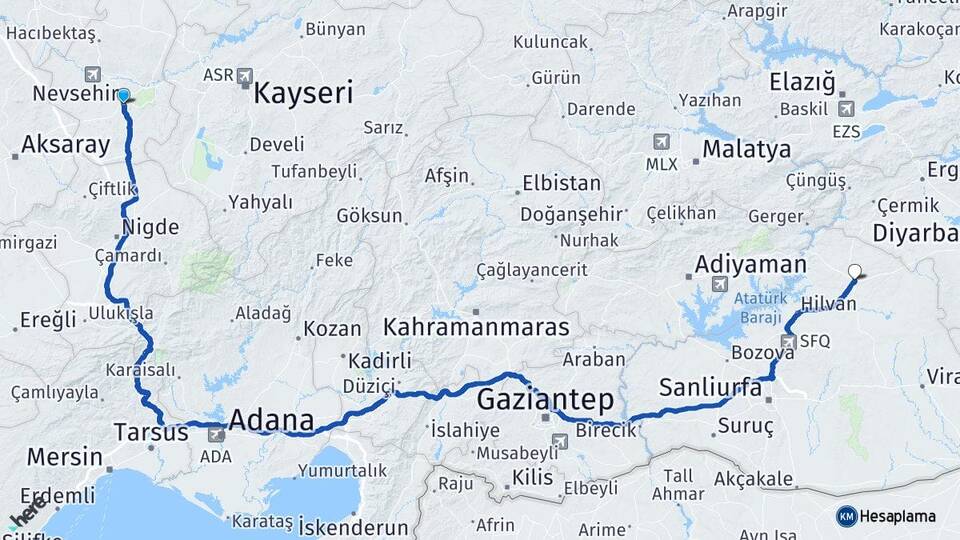 Nevşehir Siverek Şanlıurfa Arası Kaç Km - Yol Haritası