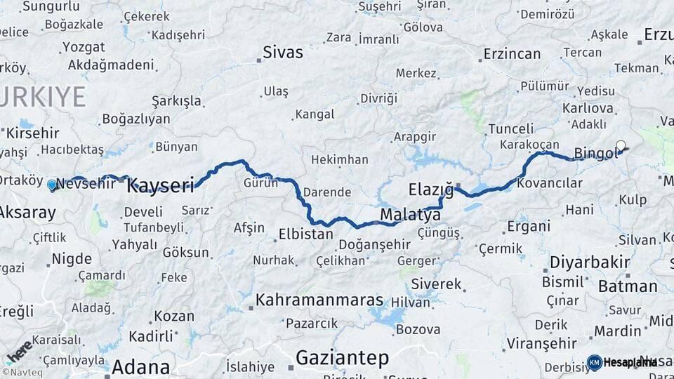 Nevşehir Solhan Bingöl Arası Kaç Km - Yol Haritası