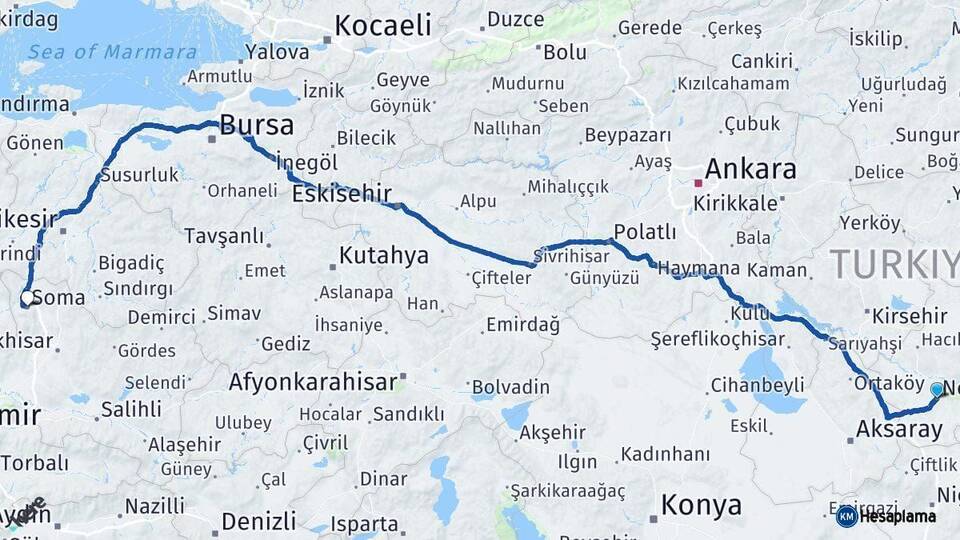 Nevşehir Soma Manisa Arası Kaç Km - Yol Haritası