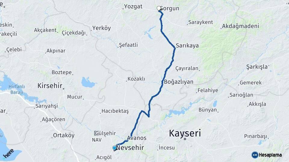 Nevşehir Sorgun Yozgat Arası Kaç Km - Yol Haritası