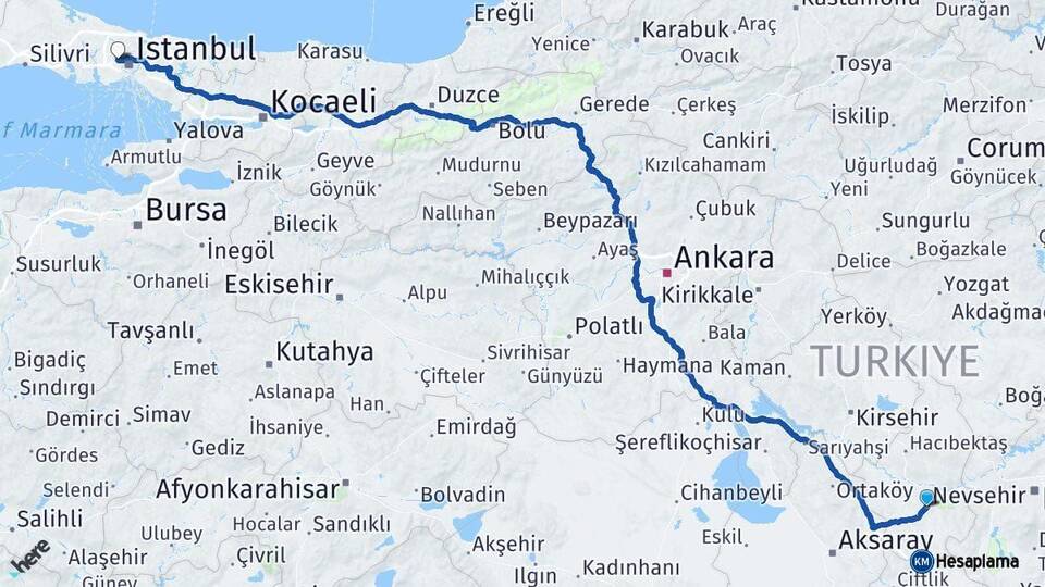 Nevşehir Sultangazi İstanbul Arası Kaç Km - Yol Haritası