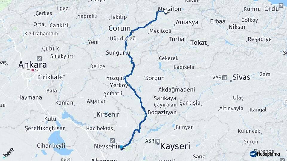 Nevşehir Suluova Amasya Arası Kaç Km - Yol Haritası