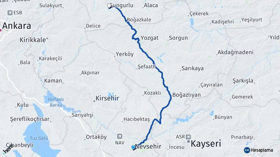 Nevşehir Sungurlu Çorum Arası Kaç Km - Yol Haritası