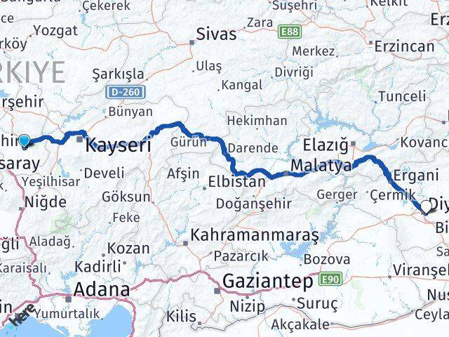 Nevşehir Sur Diyarbakır Arası Kaç Km - Yol Haritası