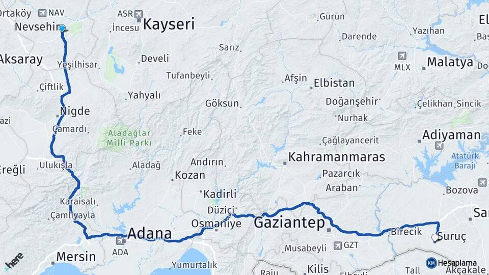 Nevşehir Suruç Şanlıurfa Arası Kaç Km - Yol Haritası