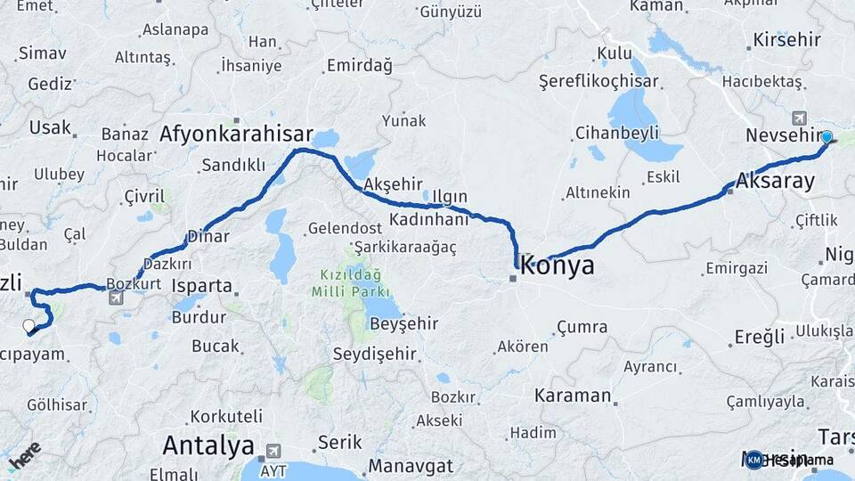 Nevşehir Tavas Denizli Arası Kaç Km - Yol Haritası