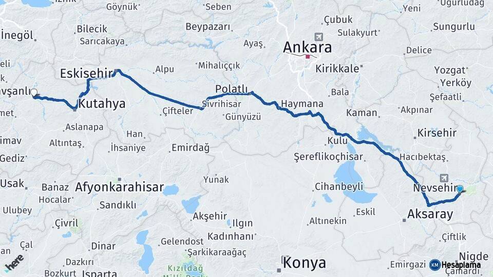 Nevşehir Tavşanlı Kütahya Arası Kaç Km - Yol Haritası