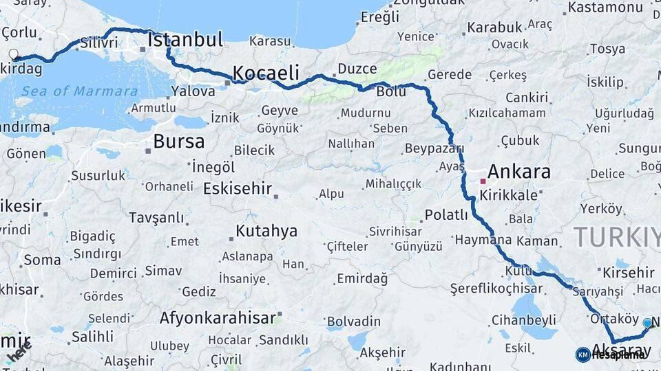 Nevşehir Tekirdağ Arası Kaç Km - Yol Haritası