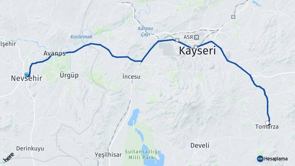 Nevşehir Tomarza Kayseri Arası Kaç Km - Yol Haritası