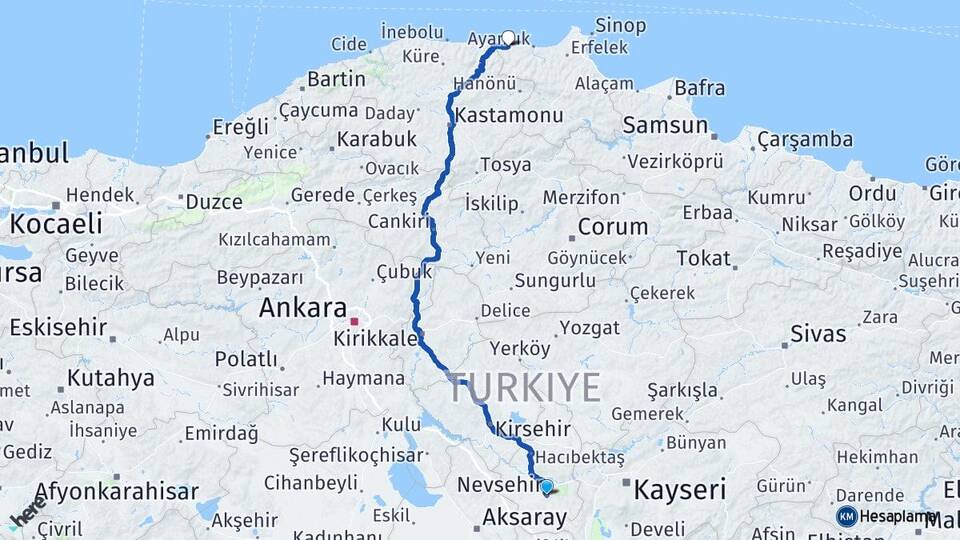Nevşehir Türkeli Sinop Arası Kaç Km - Yol Haritası