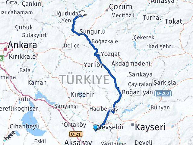 Nevşehir Uğurludağ Çorum Arası Kaç Km - Yol Haritası