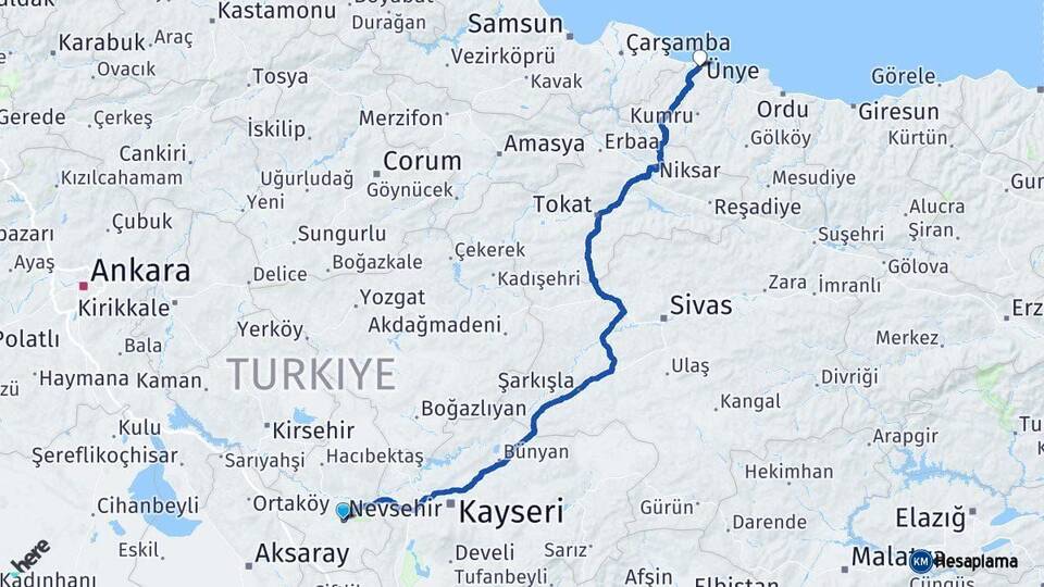 Nevşehir Ünye Ordu Arası Kaç Km - Yol Haritası