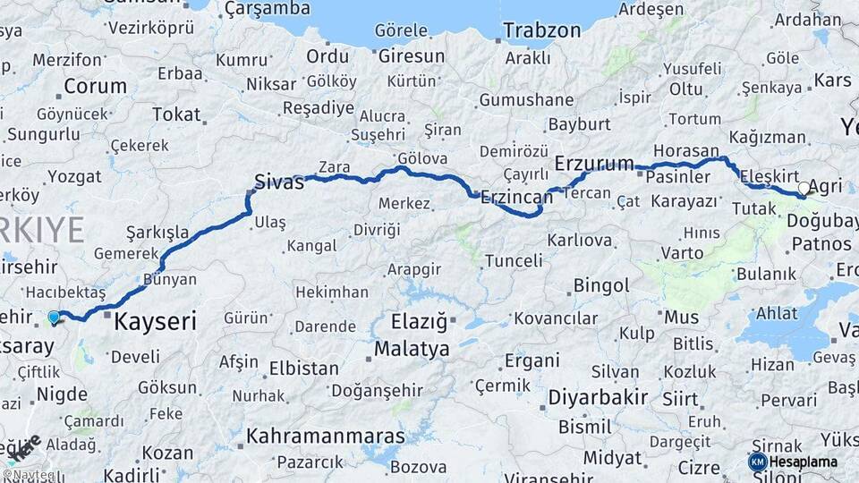 Nevşehir Ürgüp Ağrı Arası Kaç Km - Yol Haritası
