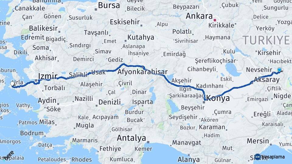 Nevşehir Ürgüp Alaçatı Çeşme İzmir Arası Kaç Km - Yol Haritası