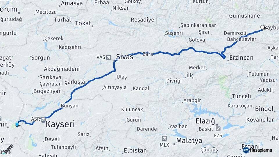 Nevşehir Ürgüp Bayburt Arası Kaç Km - Yol Haritası