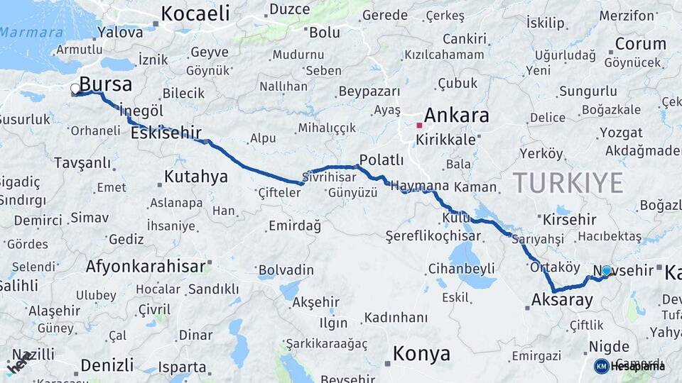Nevşehir Ürgüp Bursa Arası Kaç Km - Yol Haritası
