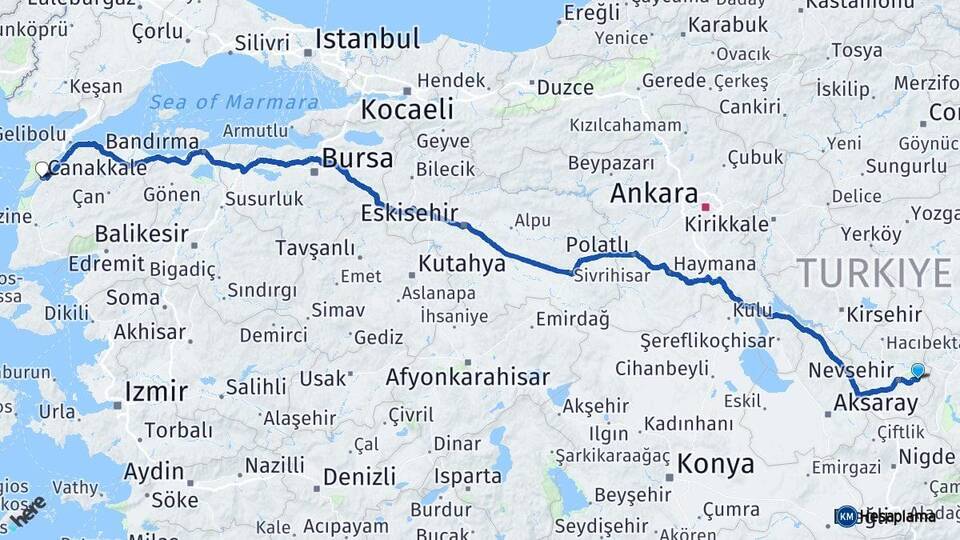 Nevşehir Ürgüp Çanakkale Arası Kaç Km - Yol Haritası