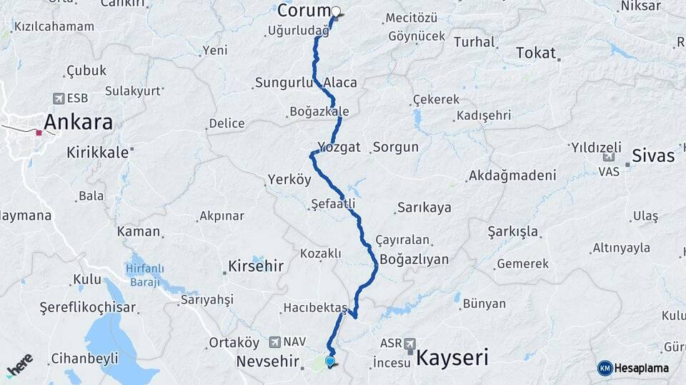 Nevşehir Ürgüp Çorum Arası Kaç Km - Yol Haritası