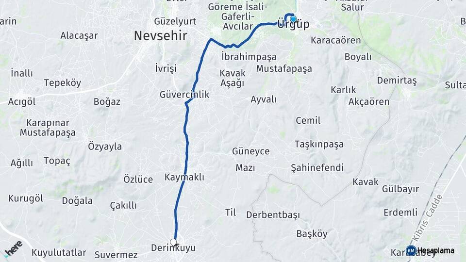 Nevşehir Ürgüp Derinkuyu Arası Kaç Km - Yol Haritası
