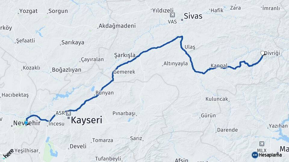 Nevşehir Ürgüp Divriği Sivas Arası Kaç Km - Yol Haritası