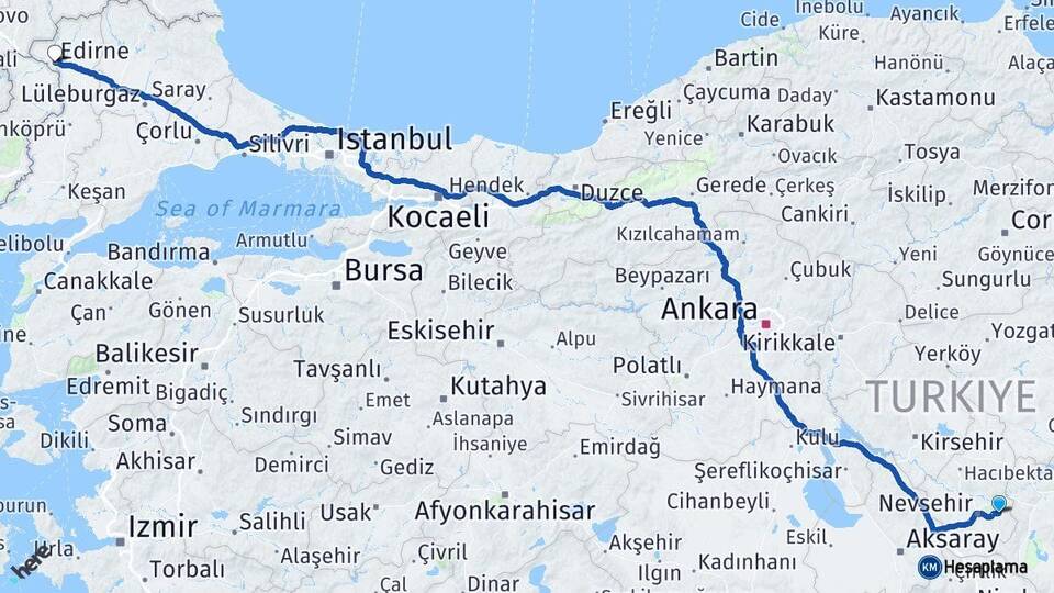 Nevşehir Ürgüp Edirne Arası Kaç Km - Yol Haritası