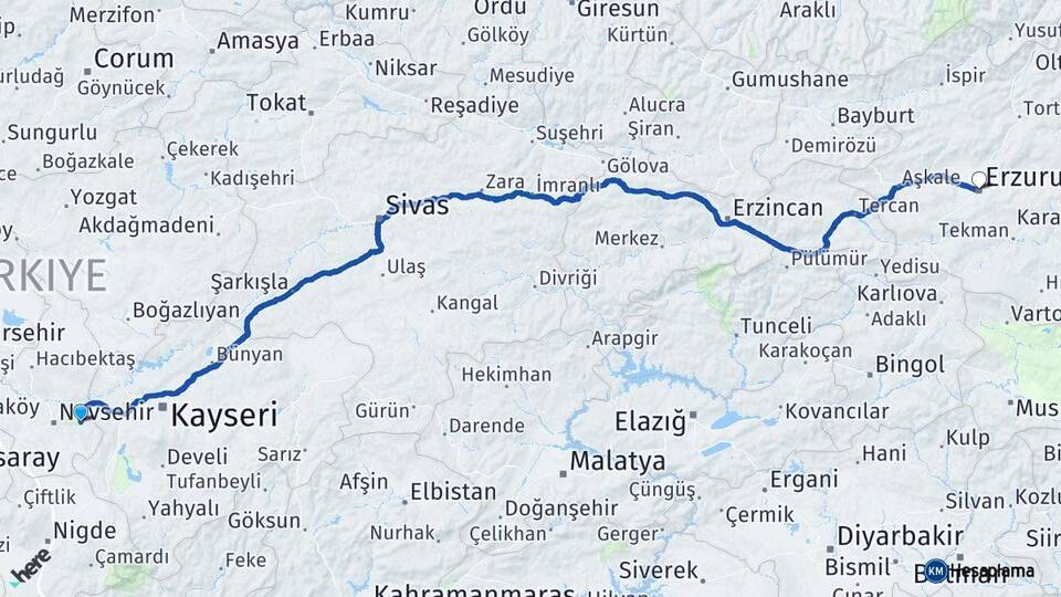 Nevşehir Ürgüp Erzurum Arası Kaç Km - Yol Haritası