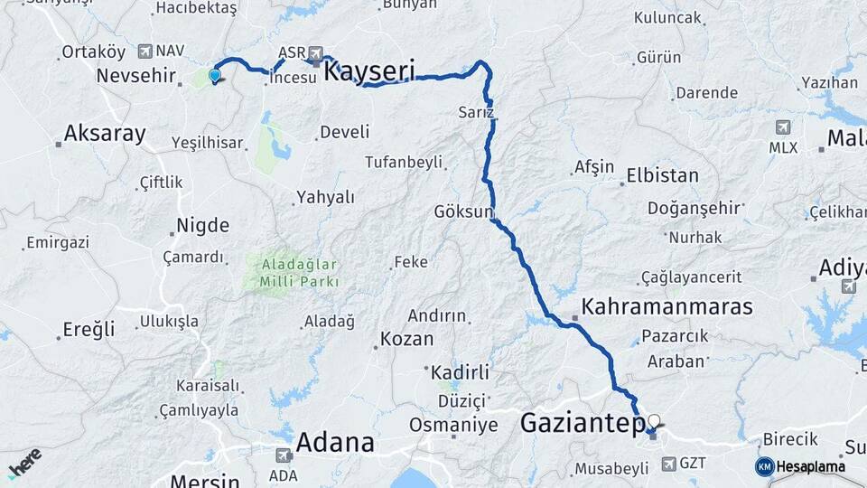 Nevşehir Ürgüp Gaziantep Arası Kaç Km - Yol Haritası