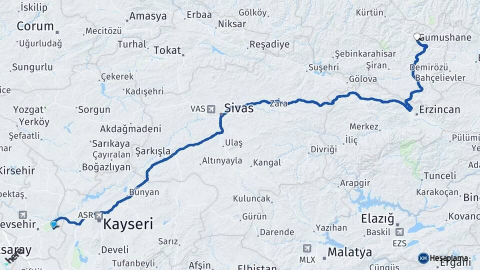 Nevşehir Ürgüp Gümüşhane Arası Kaç Km - Yol Haritası
